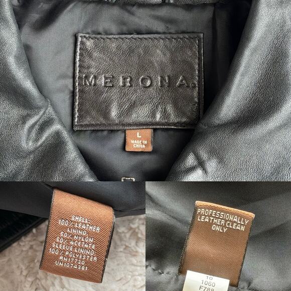 Vintage Y2K black leather bomber jacket coat oversized Merona moto genuine L - Picture 4 of 15